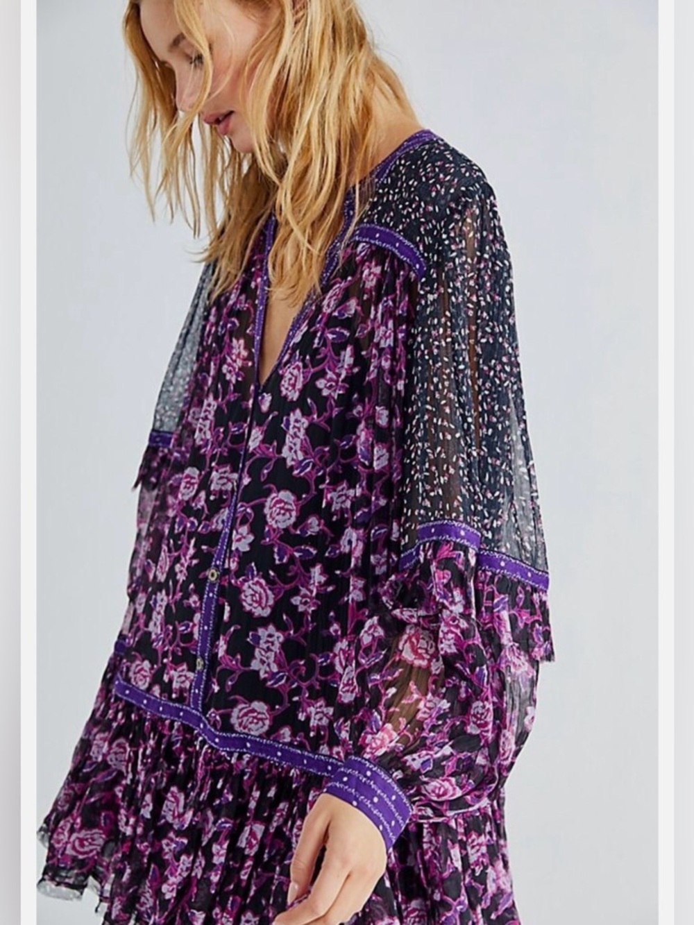 Free People Rosebud Print Mix Mini Dress in Black Purple Floral No Slip Size S